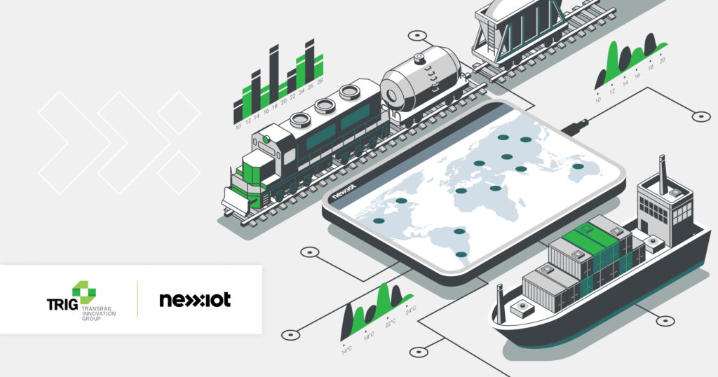 Logotypes of Nexxiot and TRIG next to rail wagon and ship with loaded digitized cargo and containers transmit data to tablet