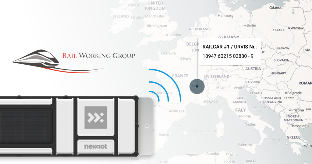 The logotype of Rail Working group above the Nexxiot Globehopper device on the map of Central Europe