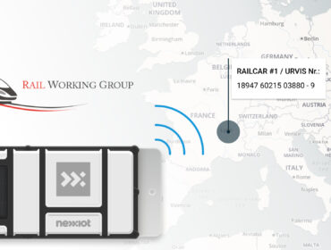 The logotype of Rail Working group above the Nexxiot Globehopper device on the map of Central Europe